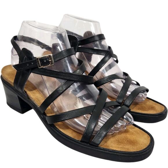 NAOT WOMEN BLACK LEATHER STRAPPY SANDAL Y2K CHUNKY HEEL SHOE ISREAL SZ 40 US 9.5 - Picture 1 of 9